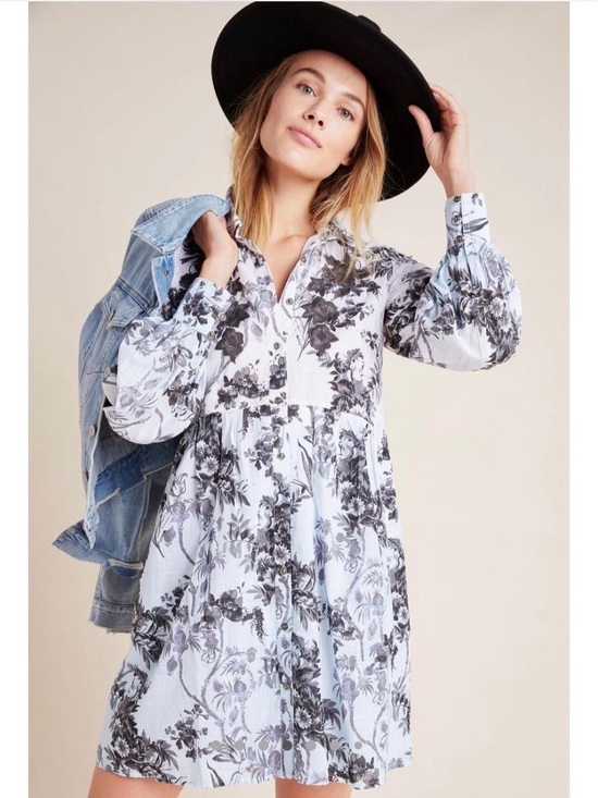 Anthropologie Dresses & Skirts - Anthropologie Lavinia Blue White Floral Cotton Shirt Dress Size 14